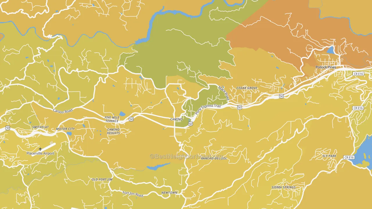 Map of the best neighborhoods in the Camino area, with better matches in green and worse matches in red