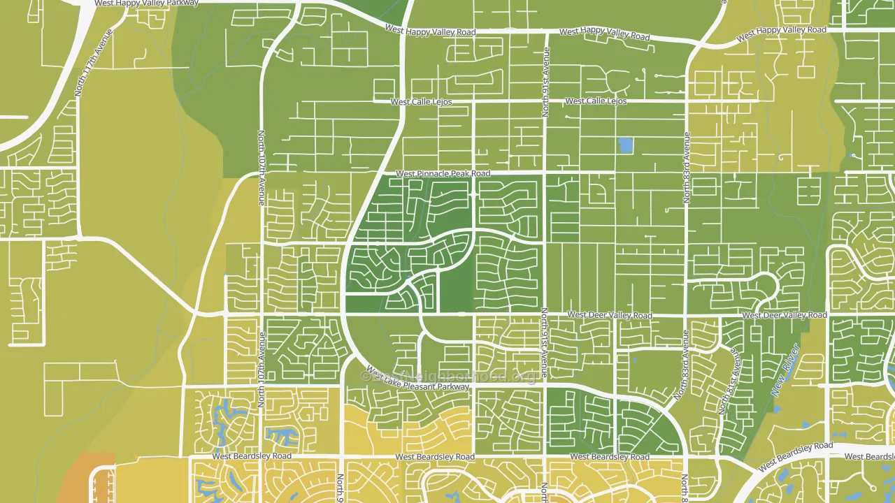 Map of the best neighborhoods in the Camino Lago, Phoenix area, with better matches in green and worse matches in red