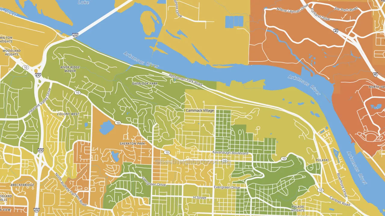 Map of the best neighborhoods in the Cammack Village area, with better matches in green and worse matches in red