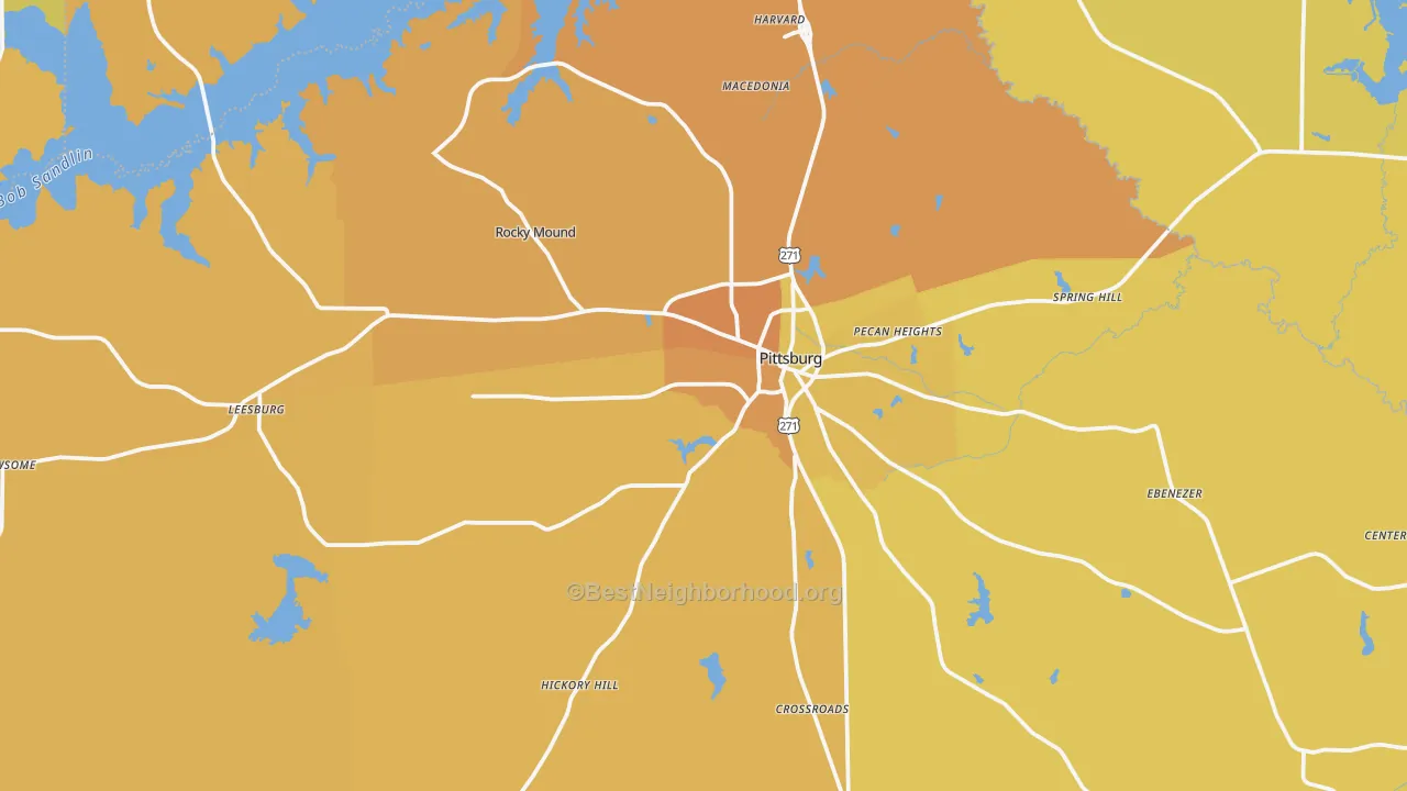 Map of the best neighborhoods in the Camp County area, with better matches in green and worse matches in red