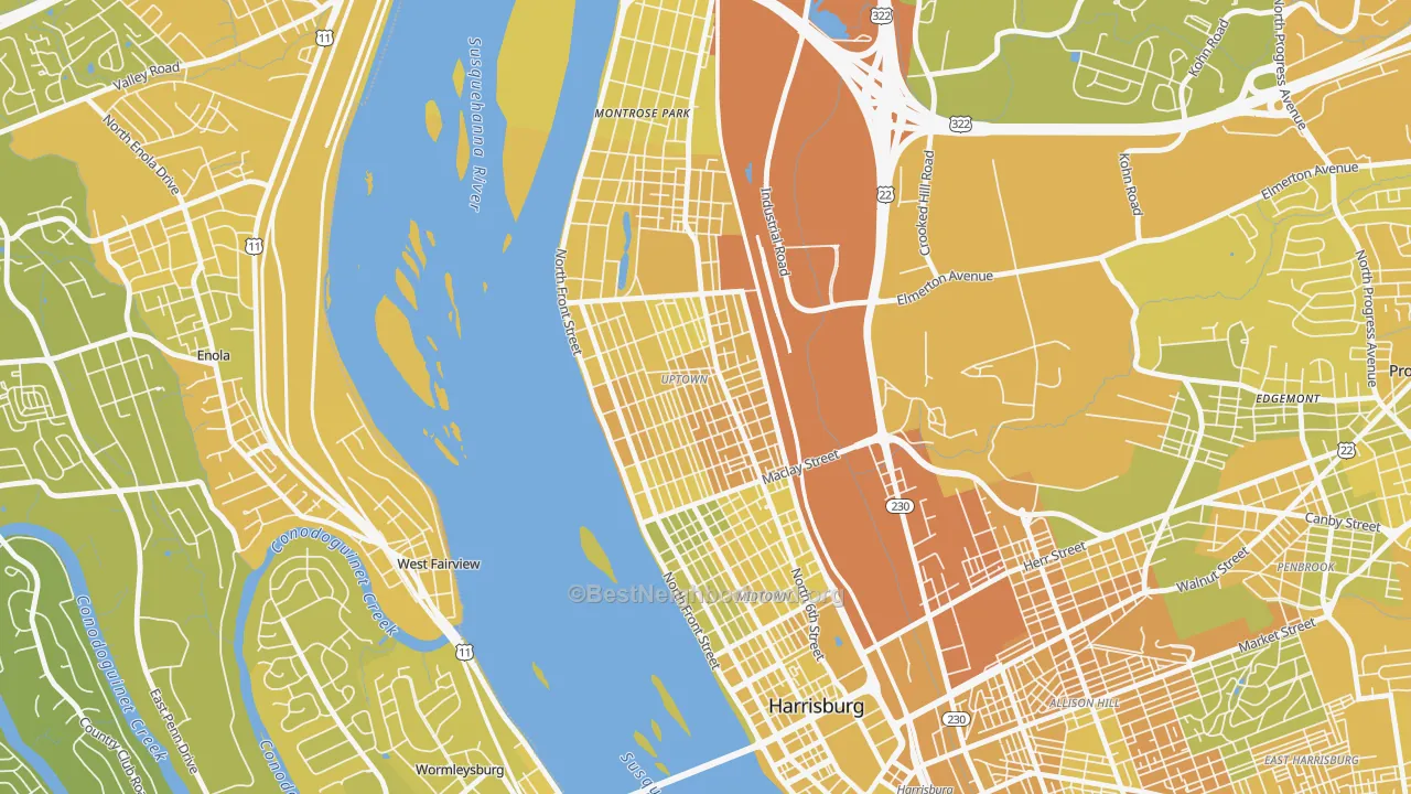 Map of the best neighborhoods in the Camp Curtin, Harrisburg area, with better matches in green and worse matches in red