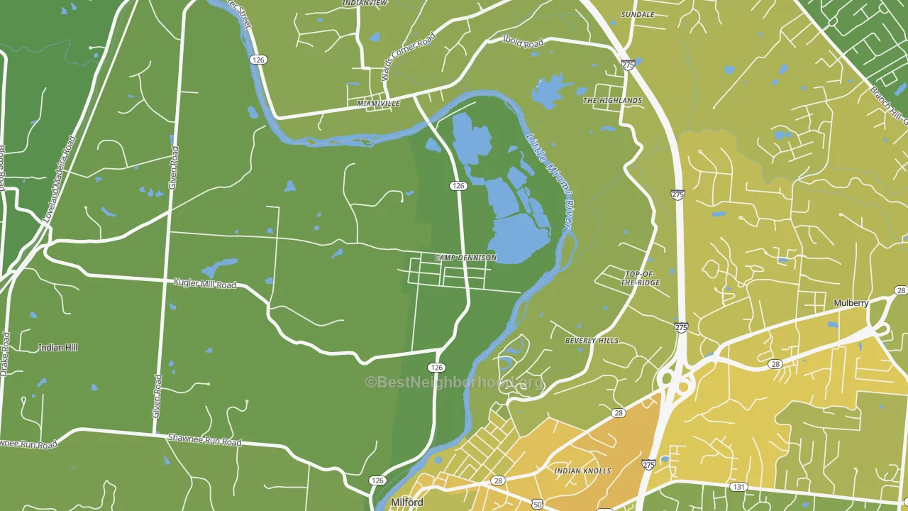 Map of the best neighborhoods in the Camp Dennison area, with better matches in green and worse matches in red