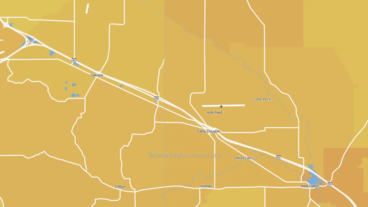 Map of the best neighborhoods in the Camp Douglas area, with better matches in green and worse matches in red