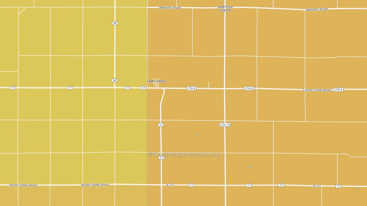 Map of the best neighborhoods in the Camp Grove area, with better matches in green and worse matches in red