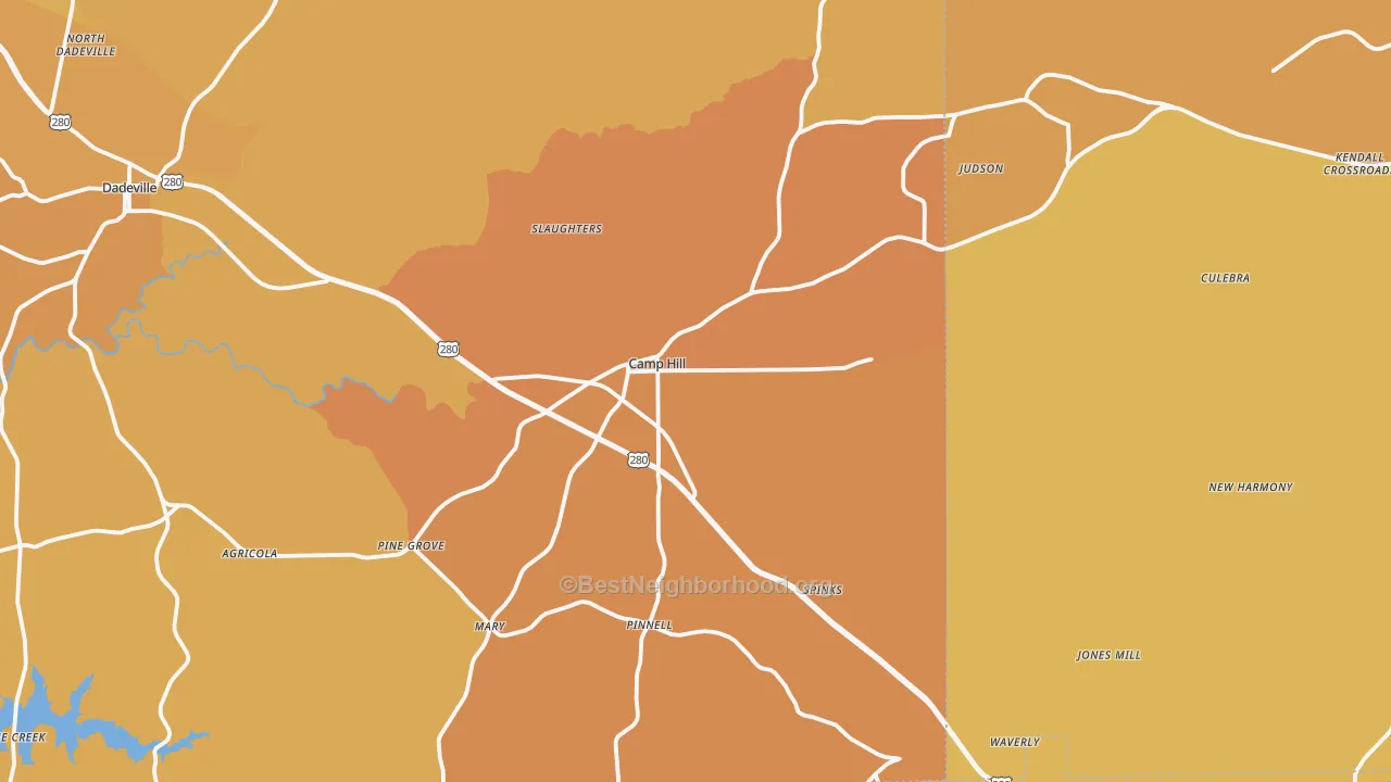 Map of the best neighborhoods in the Camp Hill area, with better matches in green and worse matches in red