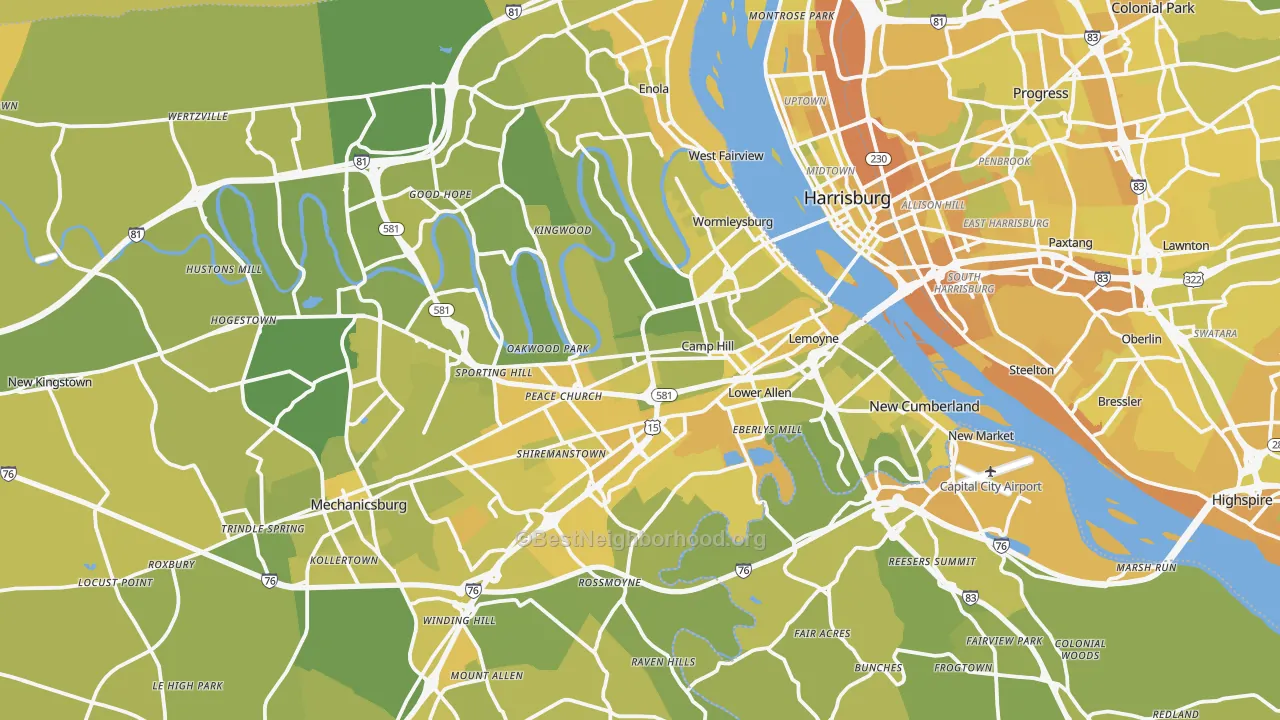 Map of the best neighborhoods in the Camp Hill area, with better matches in green and worse matches in red