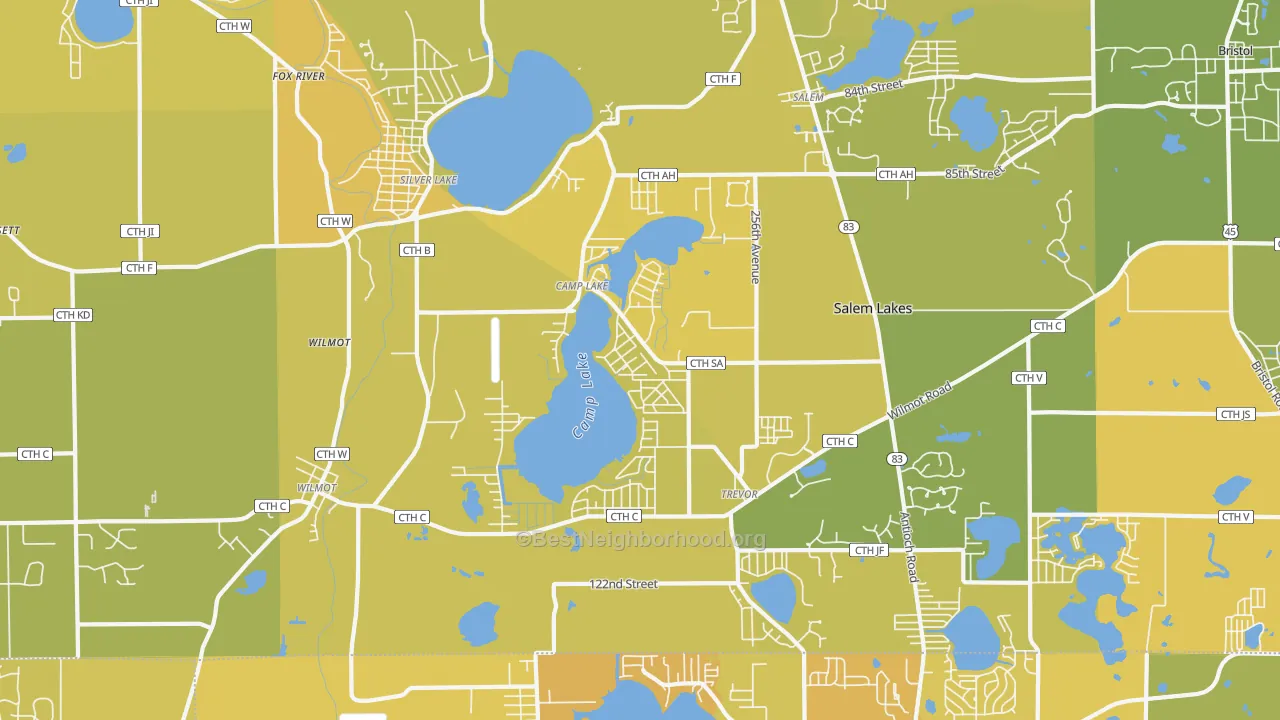 Map of the best neighborhoods in the Camp Lake, Trevor area, with better matches in green and worse matches in red