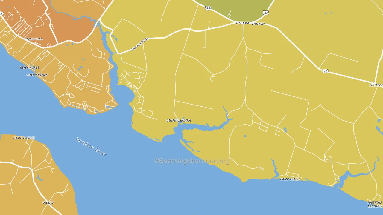 Map of the best neighborhoods in the Camp Leach area, with better matches in green and worse matches in red