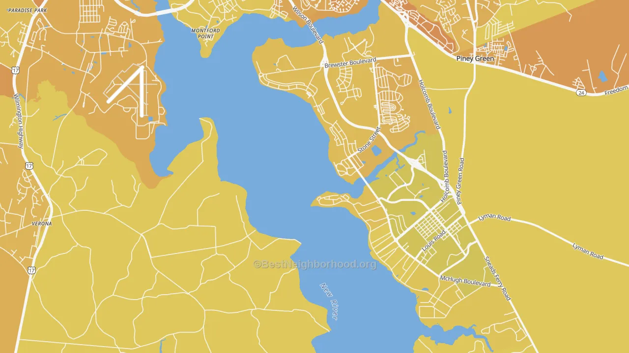 Map of the best neighborhoods in the Camp Lejeune area, with better matches in green and worse matches in red