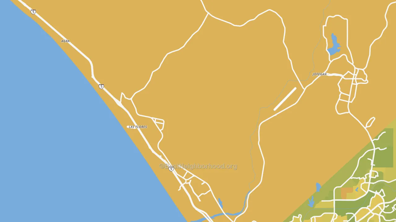 Map of the best neighborhoods in the Camp Pendleton South, Oceanside area, with better matches in green and worse matches in red