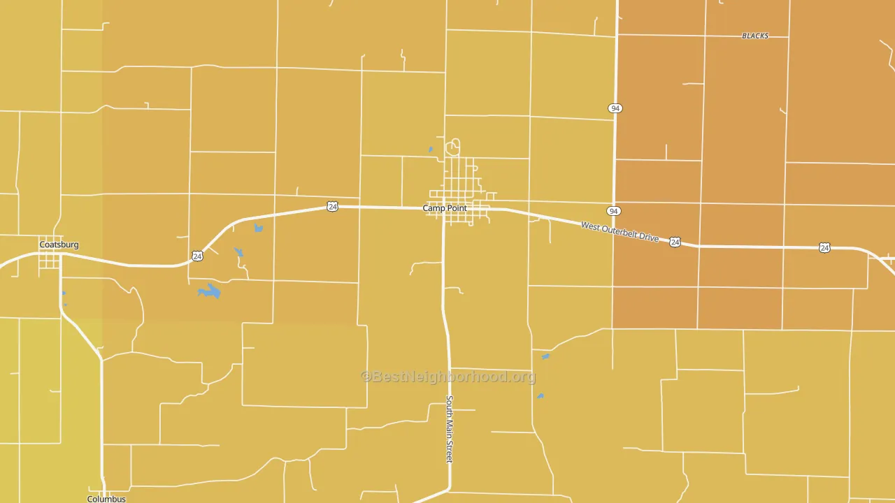 Map of the best neighborhoods in the Camp Point area, with better matches in green and worse matches in red
