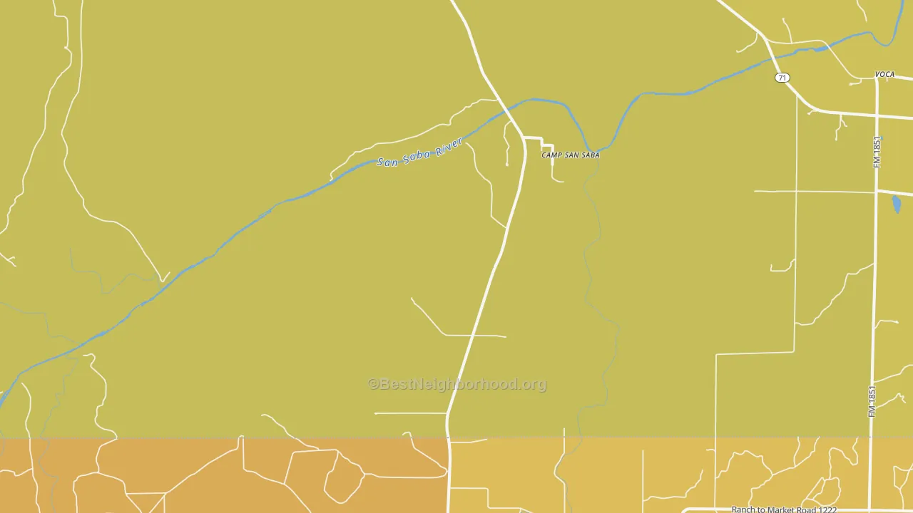 Map of the best neighborhoods in the Camp San Saba area, with better matches in green and worse matches in red