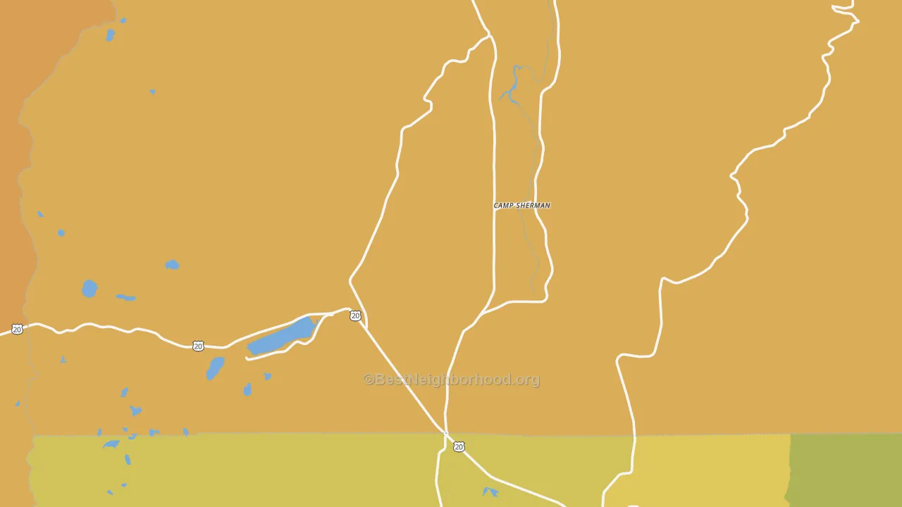 Map of the best neighborhoods in the Camp Sherman area, with better matches in green and worse matches in red