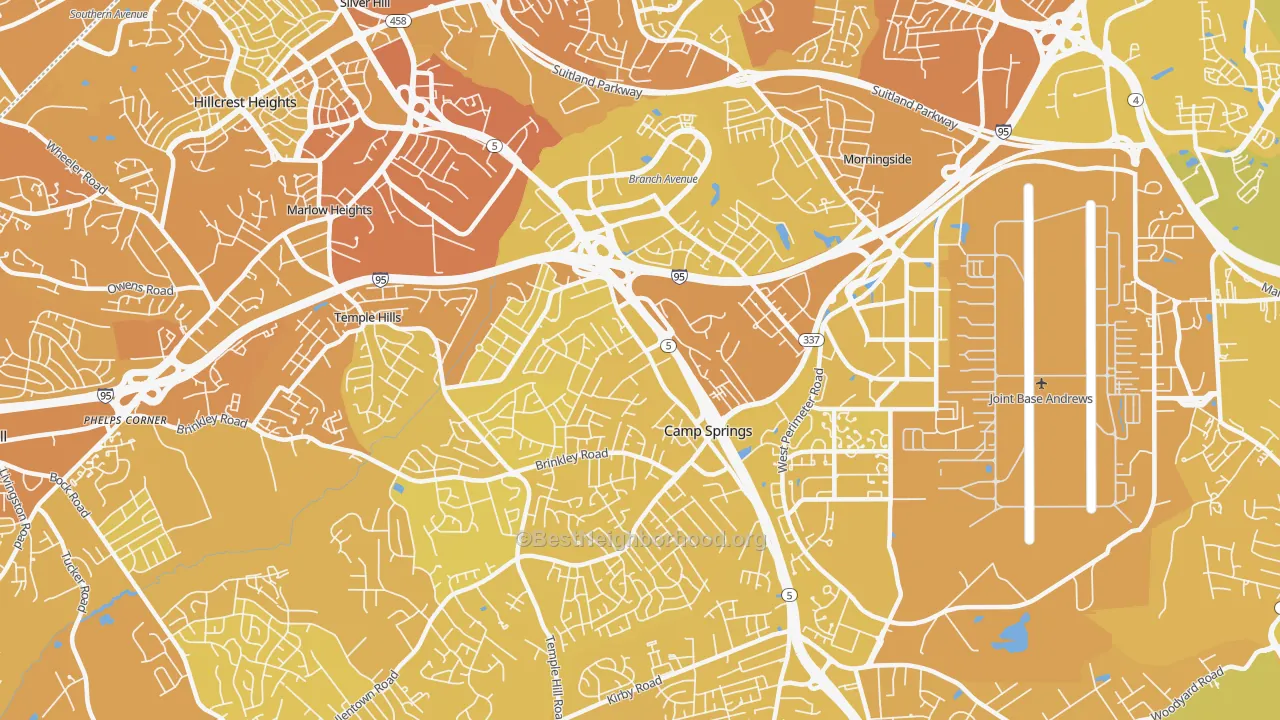 Map of the best neighborhoods in the Camp Springs area, with better matches in green and worse matches in red