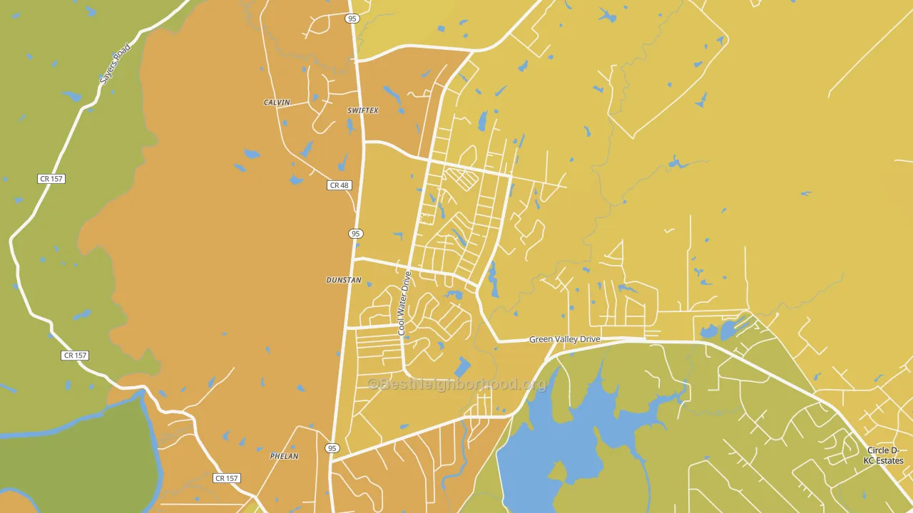Map of the best neighborhoods in the Camp Swift area, with better matches in green and worse matches in red