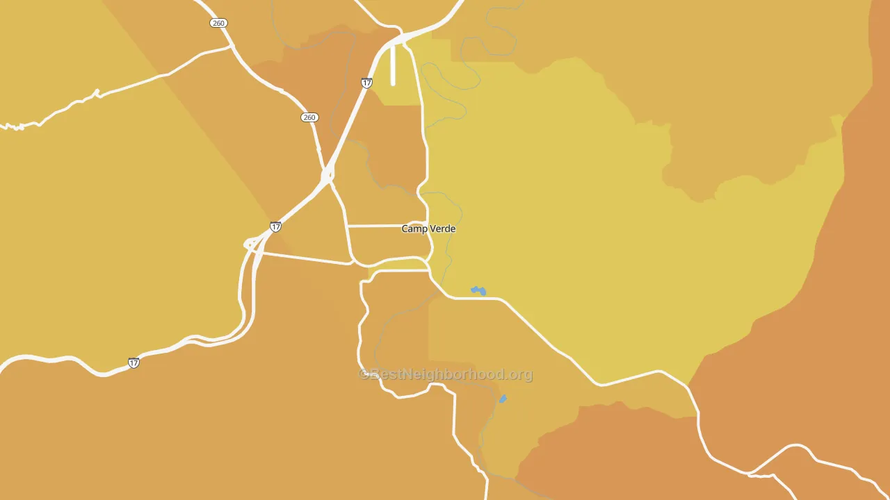 Map of the best neighborhoods in the Camp Verde area, with better matches in green and worse matches in red