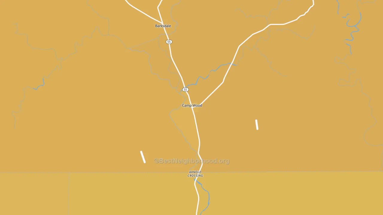 Map of the best neighborhoods in the Camp Wood area, with better matches in green and worse matches in red