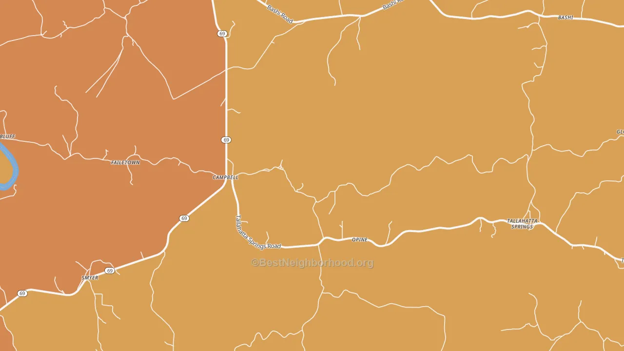 Map of the best neighborhoods in the Campbell area, with better matches in green and worse matches in red