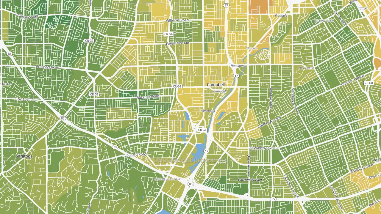 Map of the best neighborhoods in the Campbell area, with better matches in green and worse matches in red