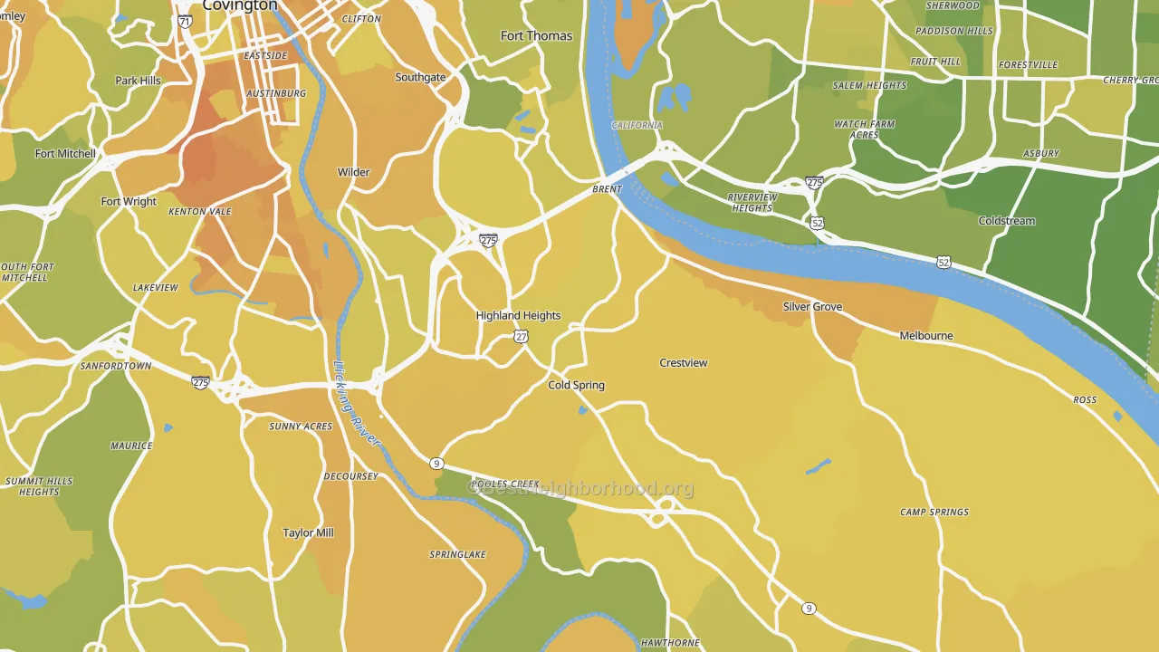 Map of the best neighborhoods in the Campbell County area, with better matches in green and worse matches in red