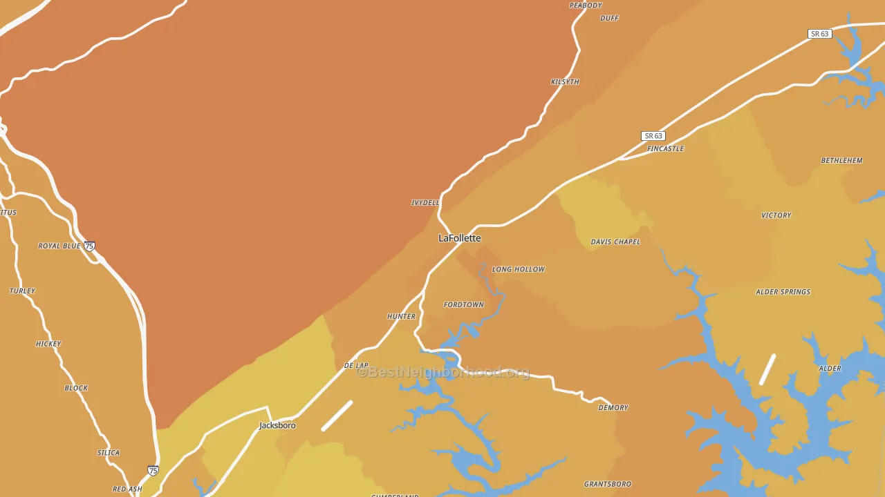 Map of the best neighborhoods in the Campbell County area, with better matches in green and worse matches in red