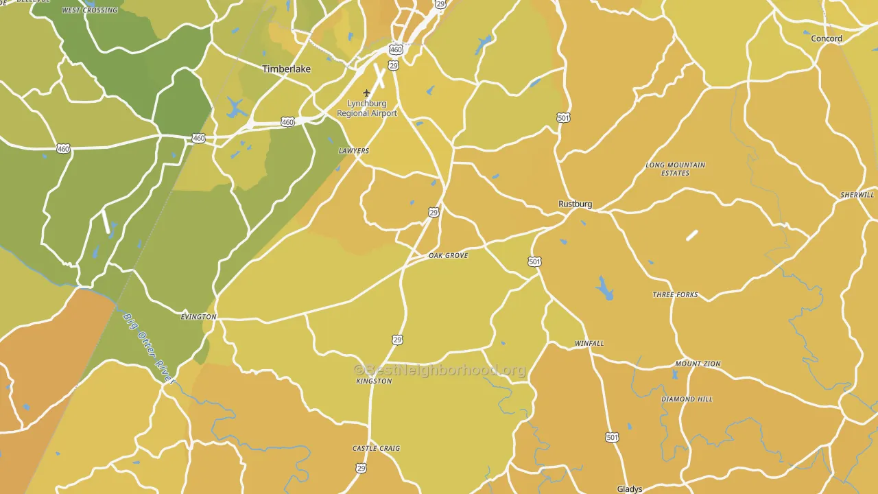 Map of the best neighborhoods in the Campbell County area, with better matches in green and worse matches in red