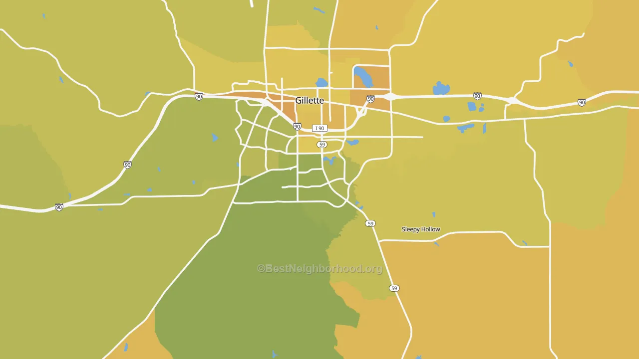 Map of the best neighborhoods in the Campbell County area, with better matches in green and worse matches in red