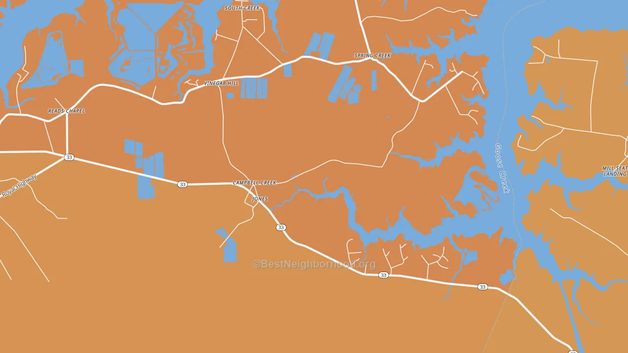 Map of the best neighborhoods in the Campbell Creek area, with better matches in green and worse matches in red