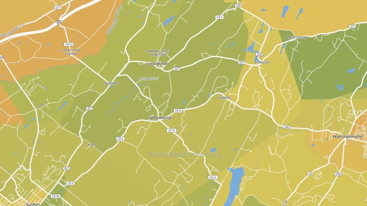 Map of the best neighborhoods in the Campbell Hall area, with better matches in green and worse matches in red