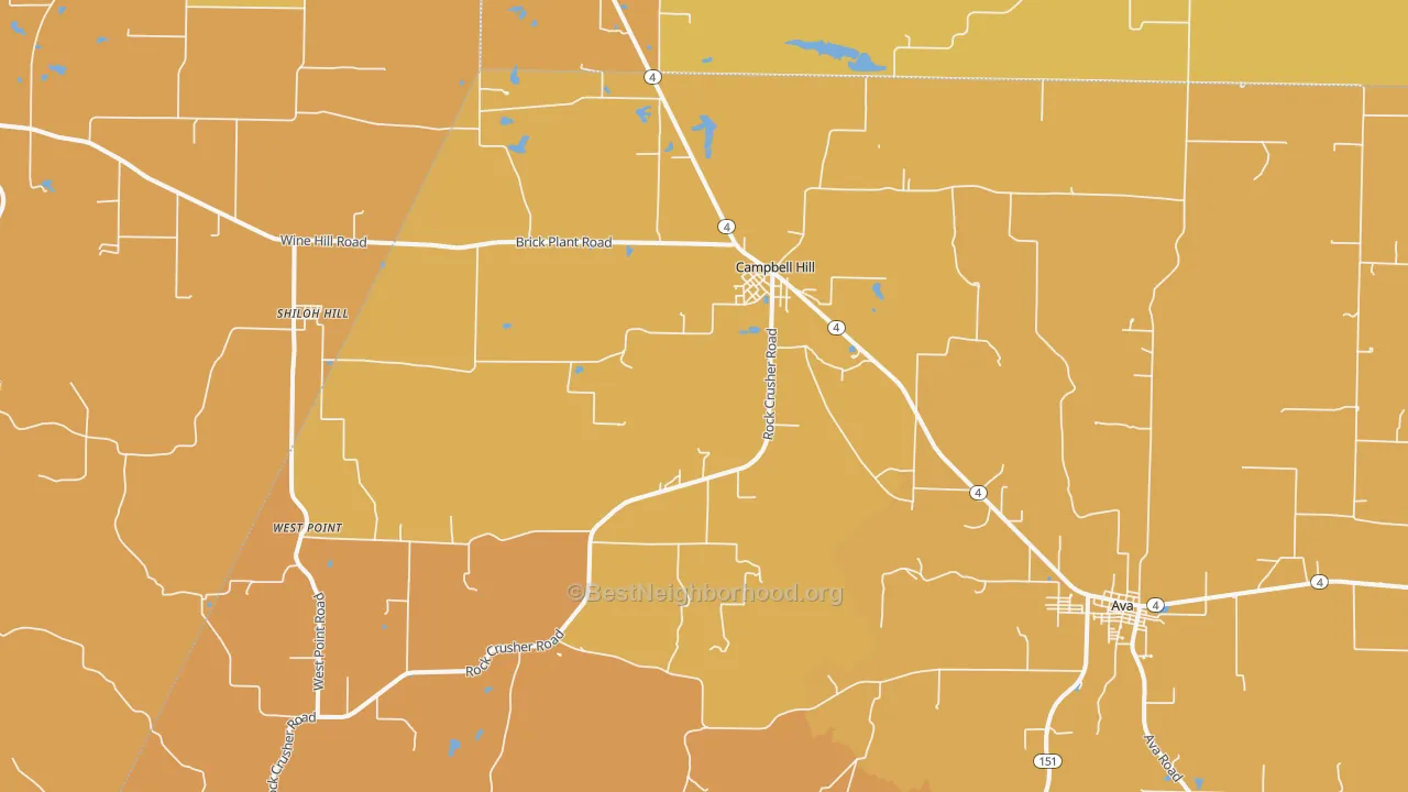 Map of the best neighborhoods in the Campbell Hill area, with better matches in green and worse matches in red