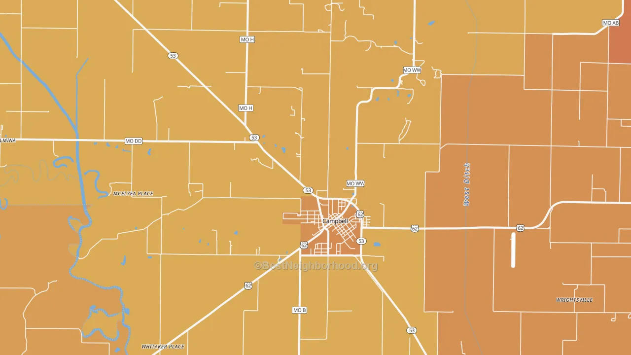 Map of the best neighborhoods in the Campbell area, with better matches in green and worse matches in red