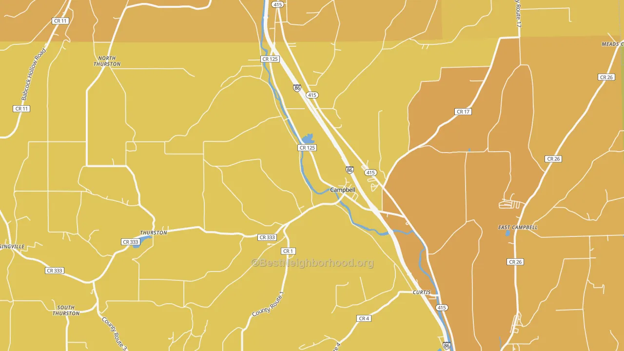 Map of the best neighborhoods in the Campbell area, with better matches in green and worse matches in red