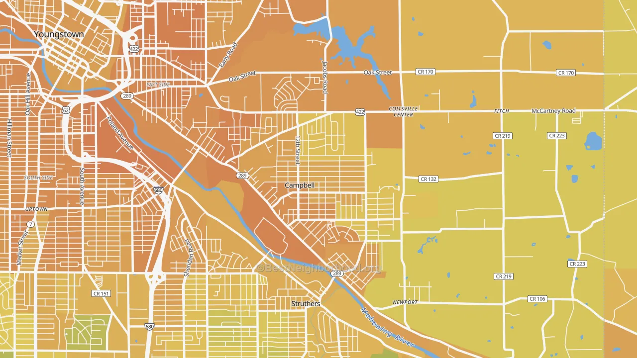 Map of the best neighborhoods in the Campbell area, with better matches in green and worse matches in red