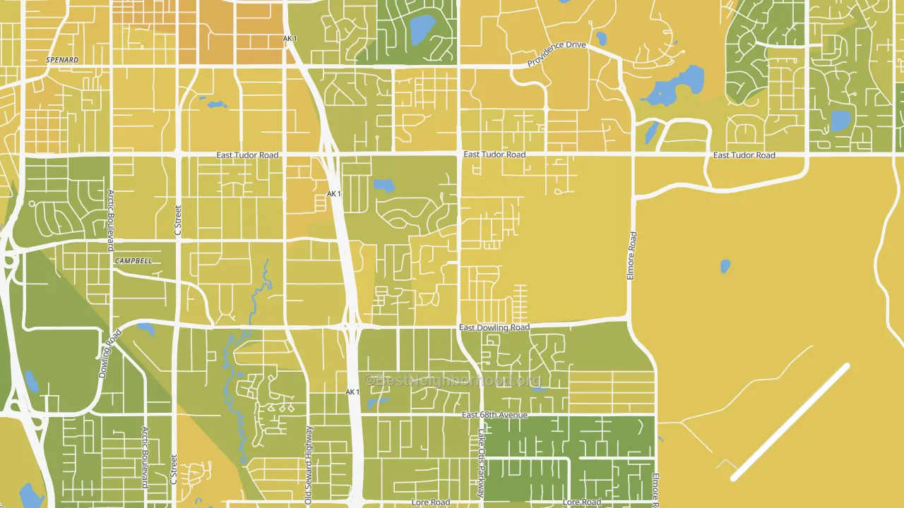Map of the best neighborhoods in the Campbell Park, Anchorage area, with better matches in green and worse matches in red