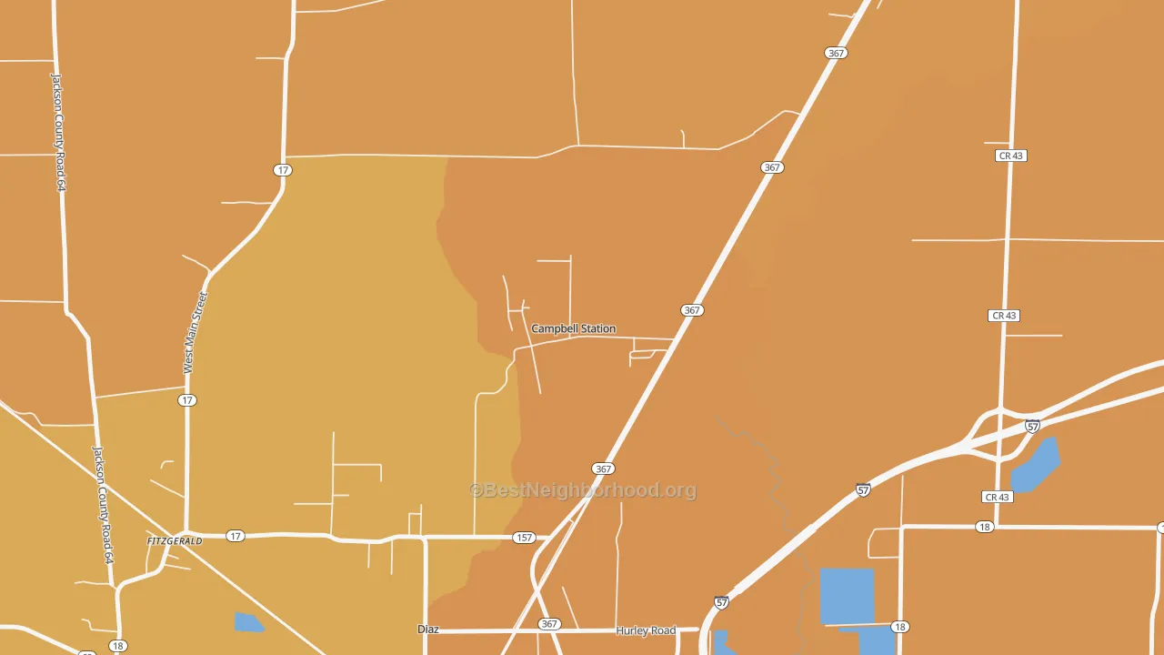 Map of the best neighborhoods in the Campbell Station area, with better matches in green and worse matches in red
