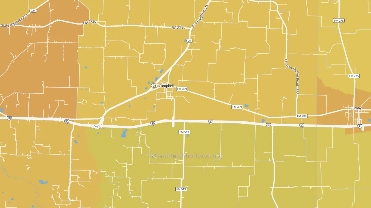 Map of the best neighborhoods in the Campbell area, with better matches in green and worse matches in red