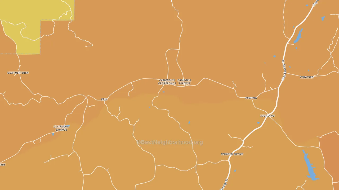 Map of the best neighborhoods in the Campbells Crossroads area, with better matches in green and worse matches in red