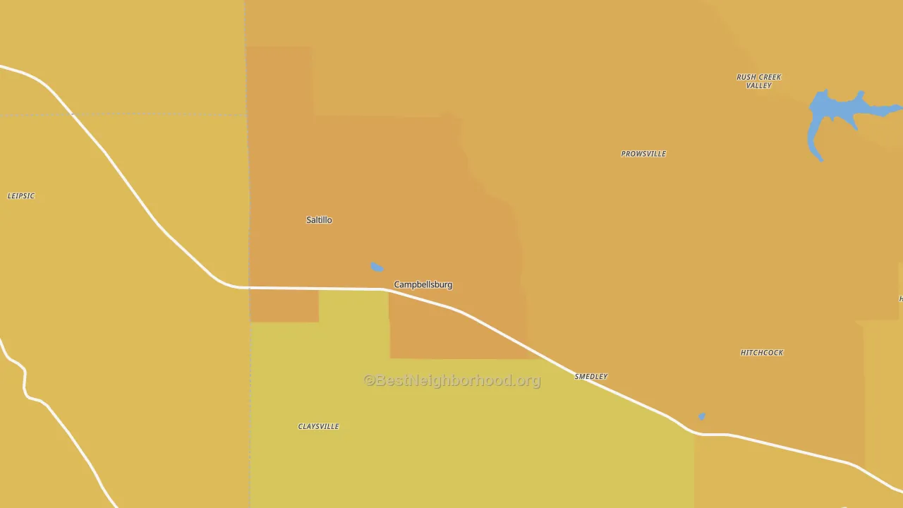 Map of the best neighborhoods in the Campbellsburg area, with better matches in green and worse matches in red