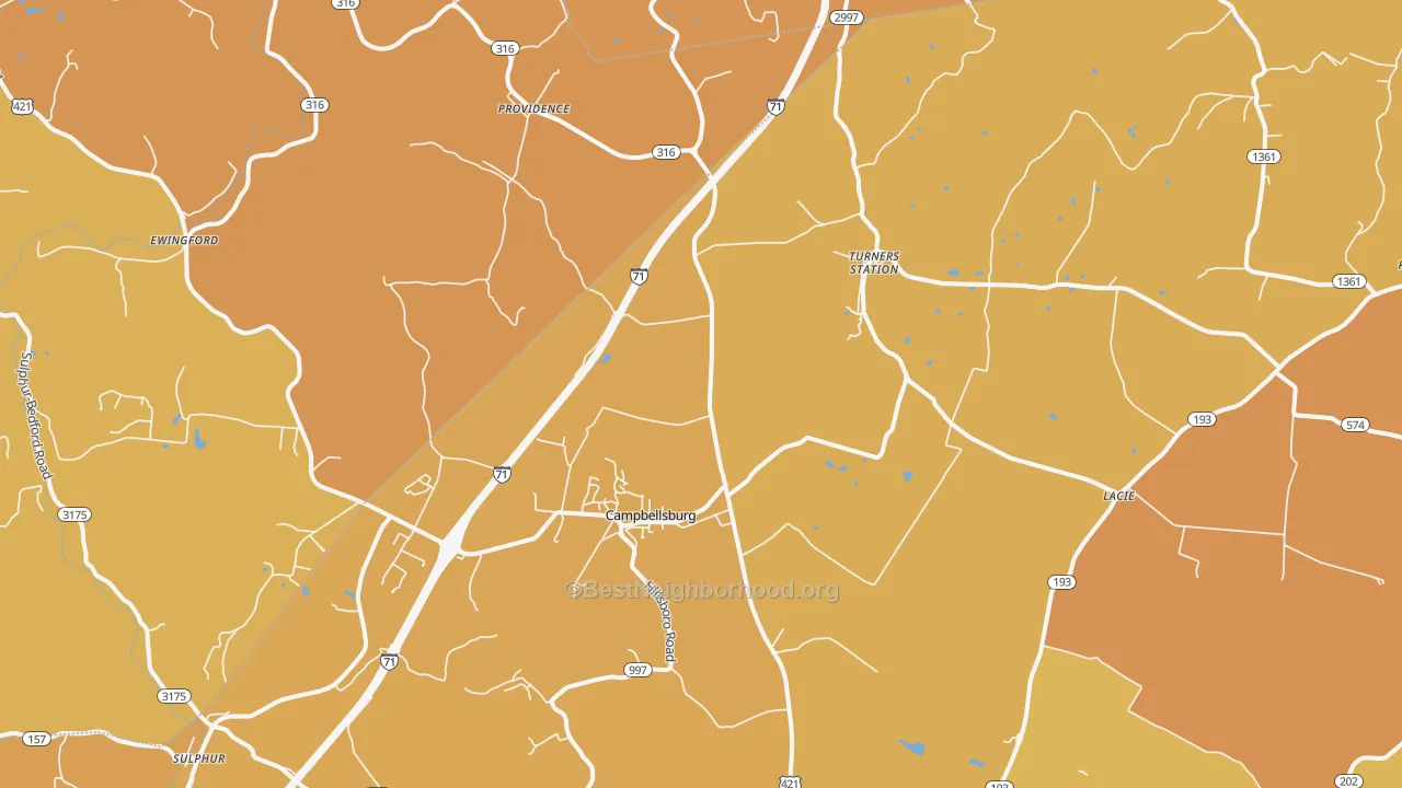 Map of the best neighborhoods in the Campbellsburg area, with better matches in green and worse matches in red