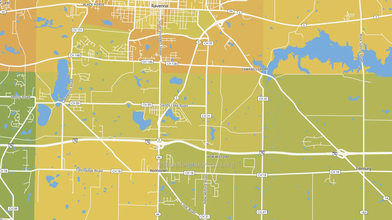 Map of the best neighborhoods in the Campbellsport area, with better matches in green and worse matches in red