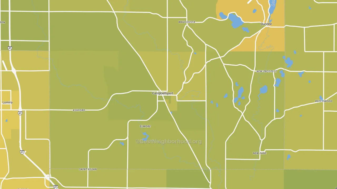 Map of the best neighborhoods in the Campbellsport area, with better matches in green and worse matches in red