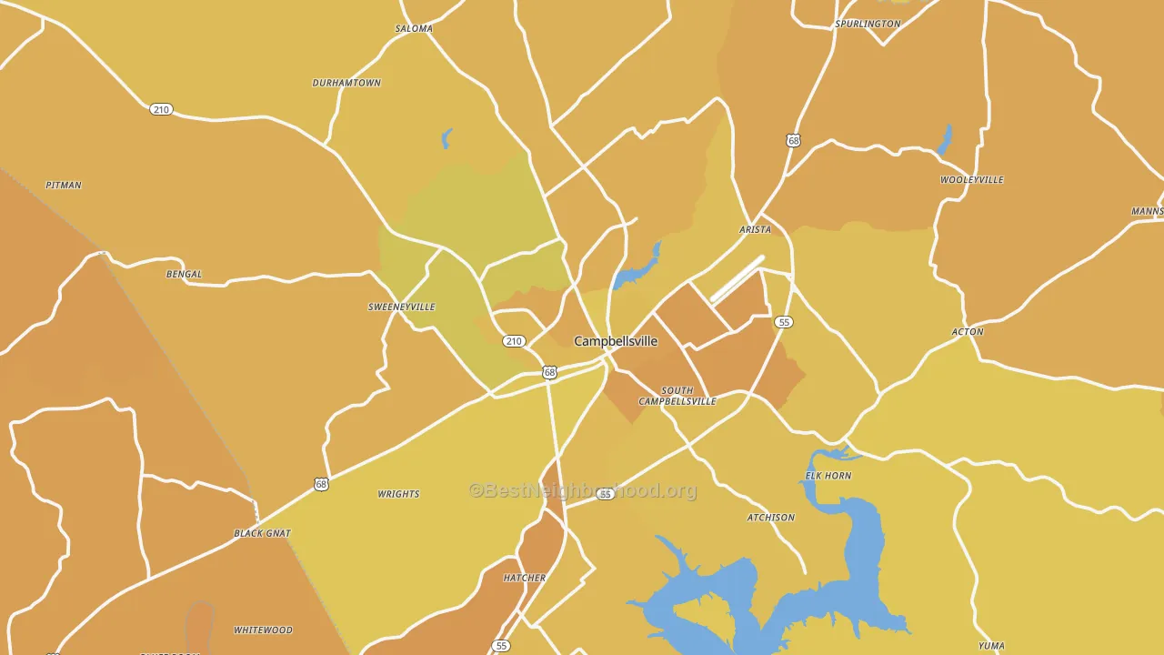 Map of the best neighborhoods in the Campbellsville area, with better matches in green and worse matches in red