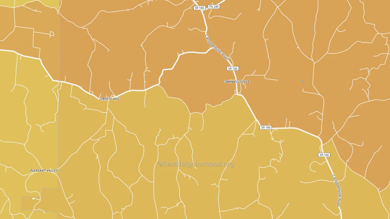 Map of the best neighborhoods in the Campbellsville area, with better matches in green and worse matches in red