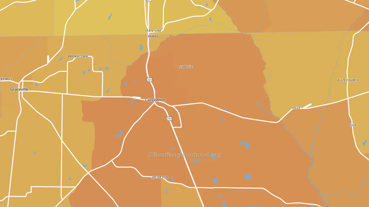 Map of the best neighborhoods in the Campbellton area, with better matches in green and worse matches in red