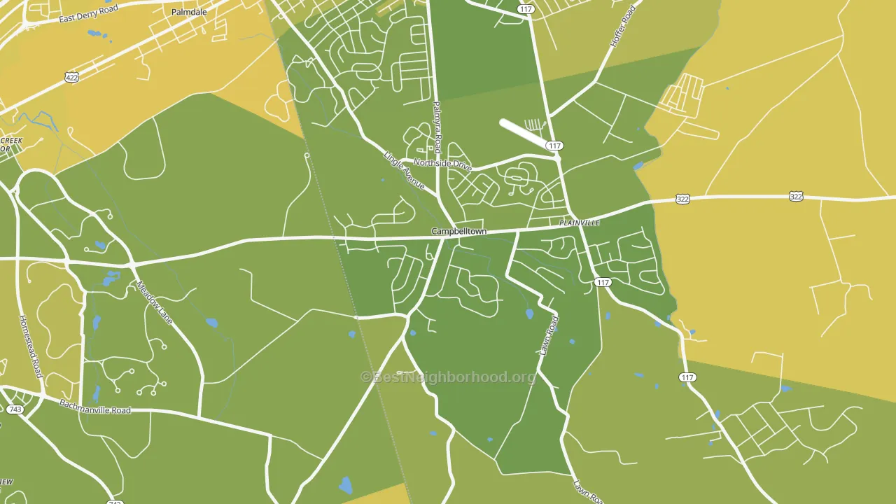 Map of the best neighborhoods in the Campbelltown area, with better matches in green and worse matches in red