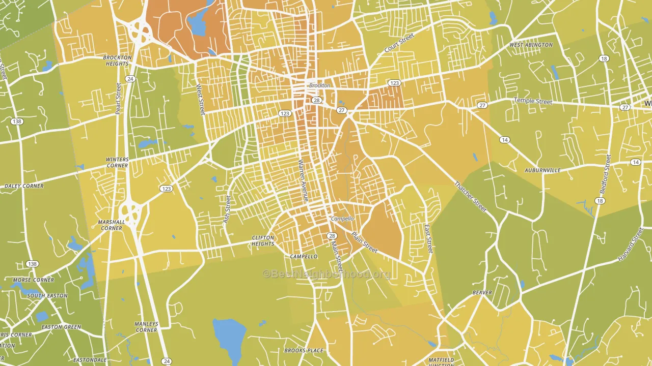 Map of the best neighborhoods in the Campello, Brockton area, with better matches in green and worse matches in red