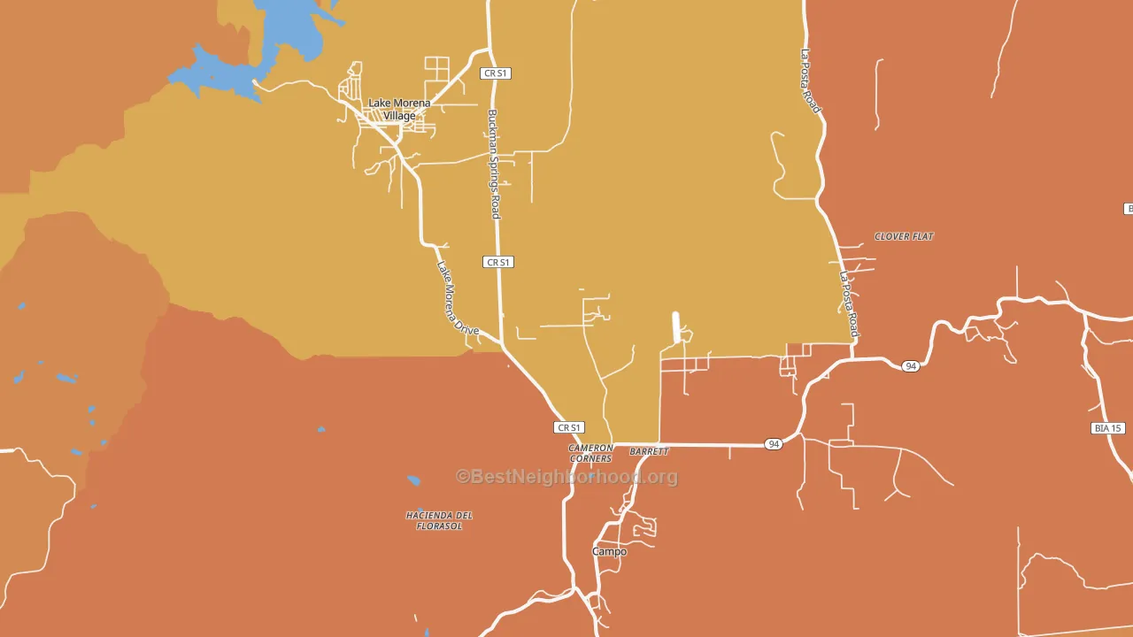 Map of the best neighborhoods in the Campo area, with better matches in green and worse matches in red