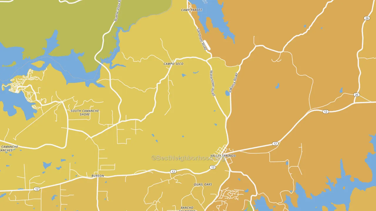 Map of the best neighborhoods in the Campo Seco area, with better matches in green and worse matches in red