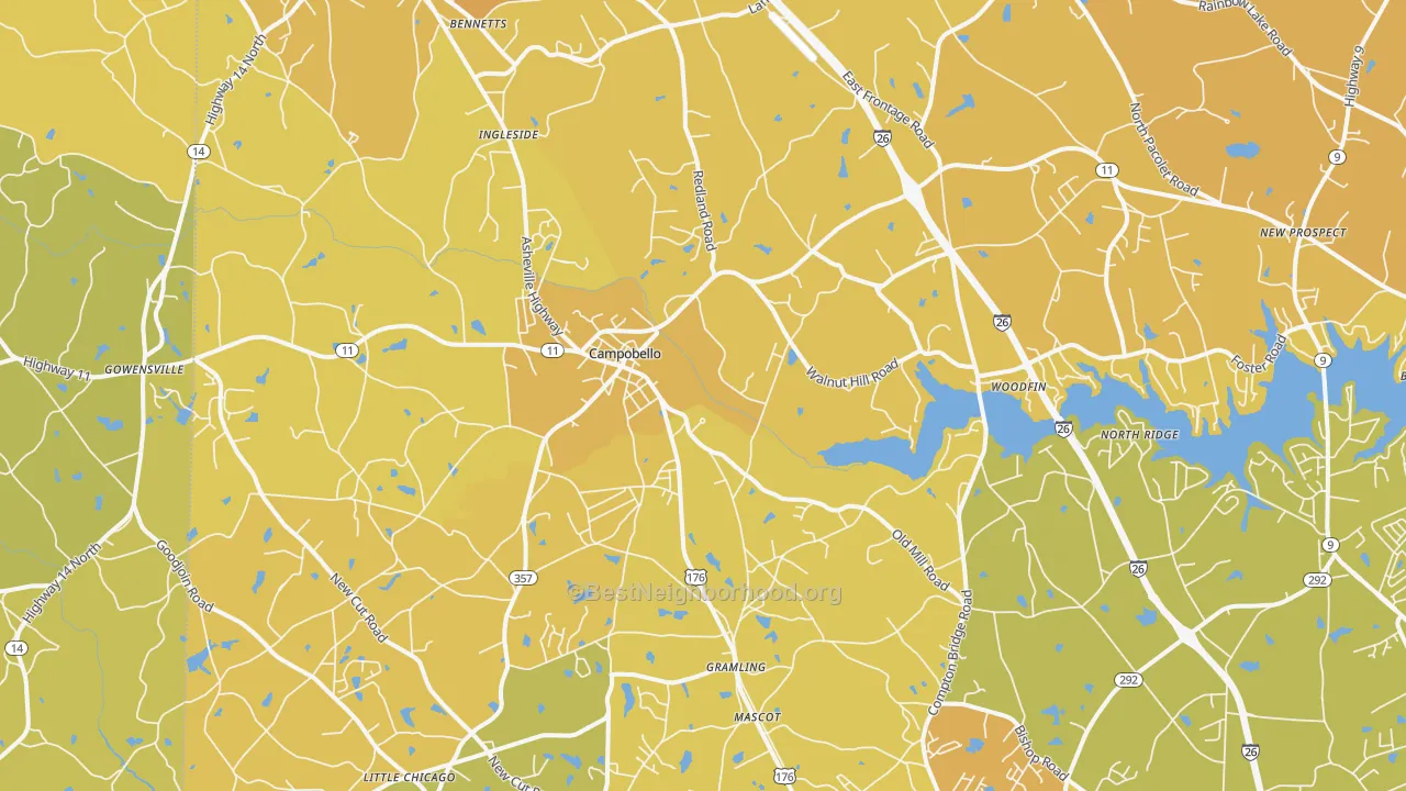 Map of the best neighborhoods in the Campobello area, with better matches in green and worse matches in red