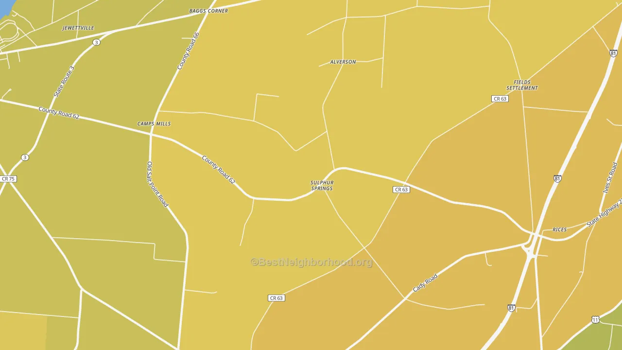 Map of the best neighborhoods in the Camps Mills area, with better matches in green and worse matches in red